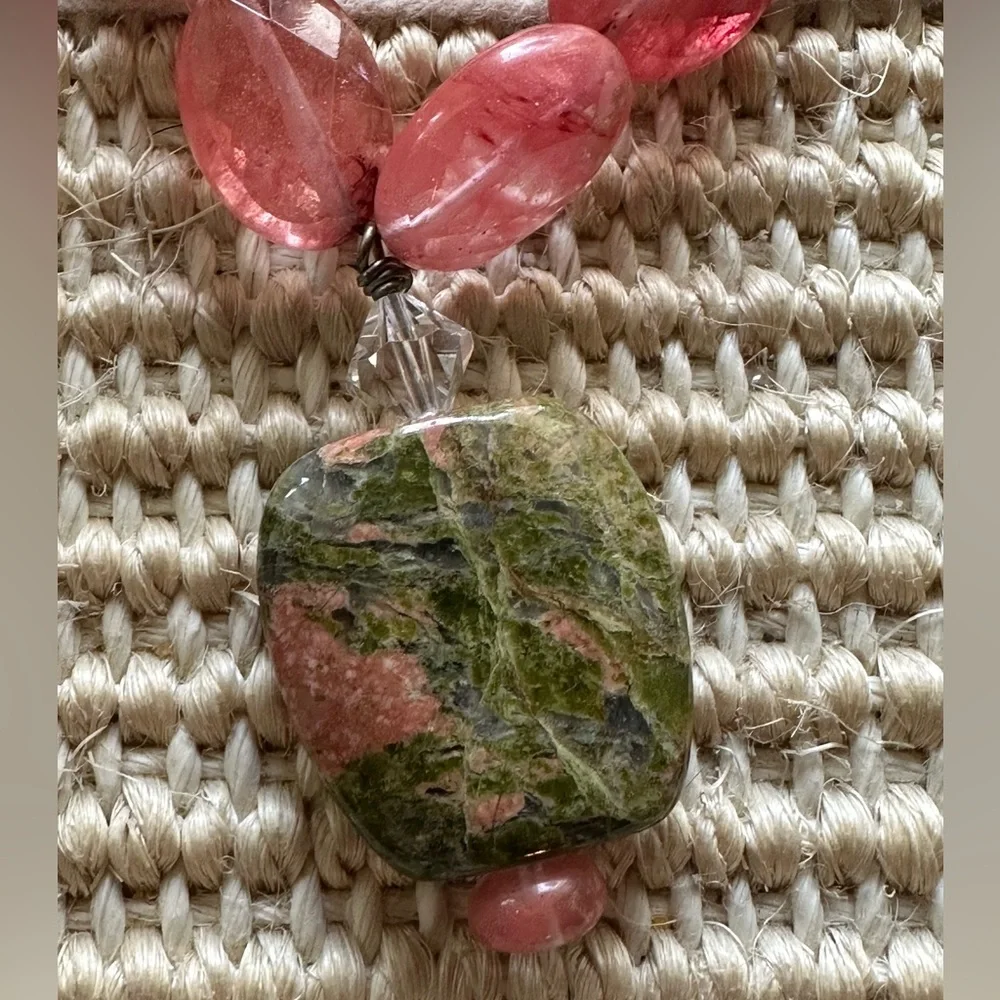 Unakite Pink Quartz & Crystal Beaded Necklace W/ 925 Sterling S-Clasp - Picture 6 of 8